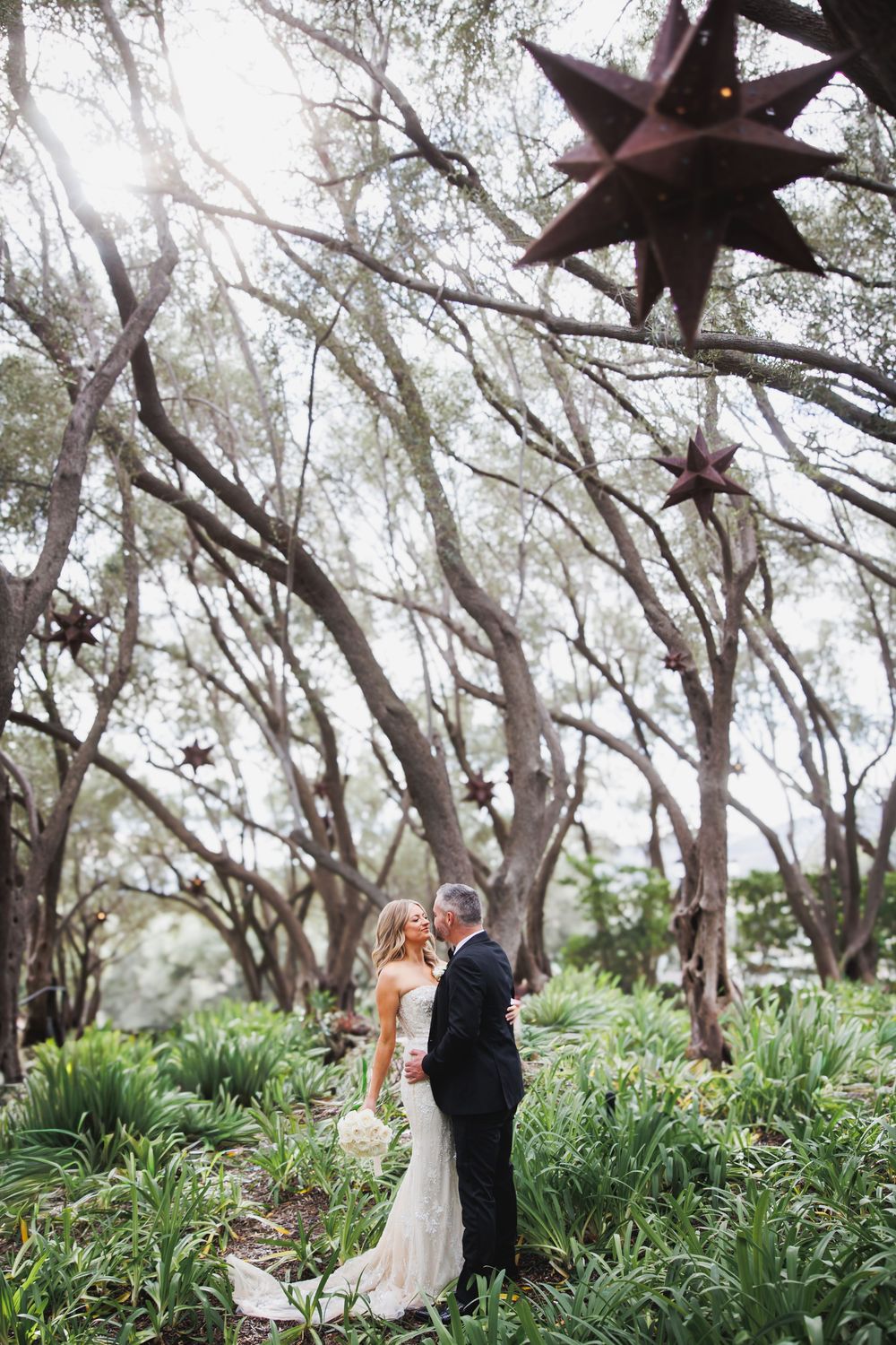 A couple embraces among gnarled tree trunks in a lush garden setting with natural greenery surrounding them.
