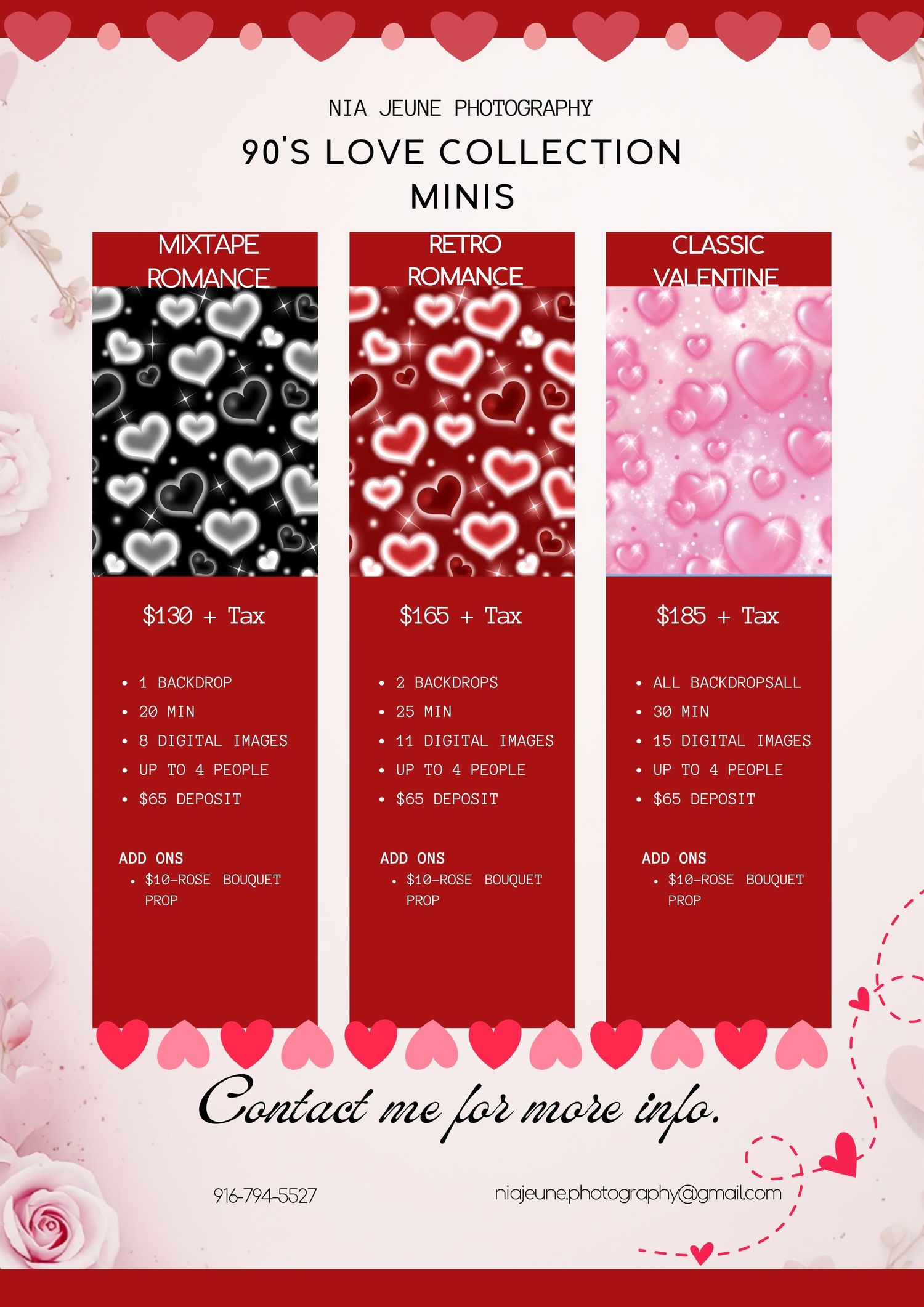 Valentine's Day photography pricing menu showing three packages with red and pink heart patterns on a white background.