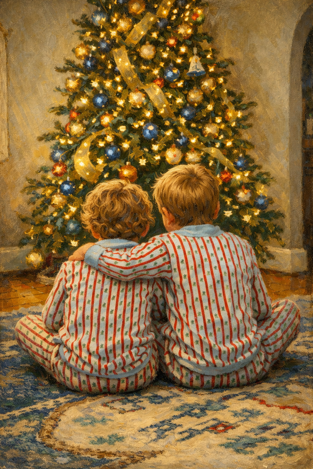 Two people wearing matching striped pajamas sit together watching a decorated Christmas tree glowing with lights and ornaments.