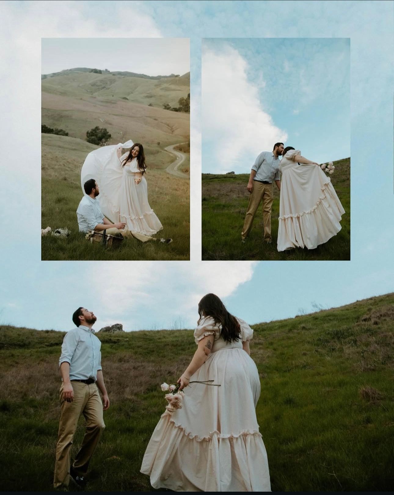 Romantic couple poses together in three artistic shots on a grassy hillside in vintage-inspired wedding attire.