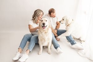 Two people in casual attire sit on white floor with golden retriever dogs during indoor photo session.