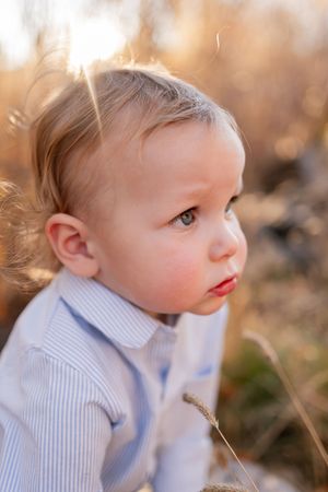 A curious toddler with blue eyes in a striped shirt sits outdoors in golden sunlight among dry grass.