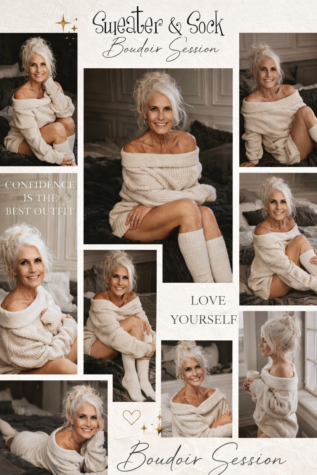 A cozy boudoir photo collage featuring soft cream sweaters and socks with text overlays about confidence and self love.