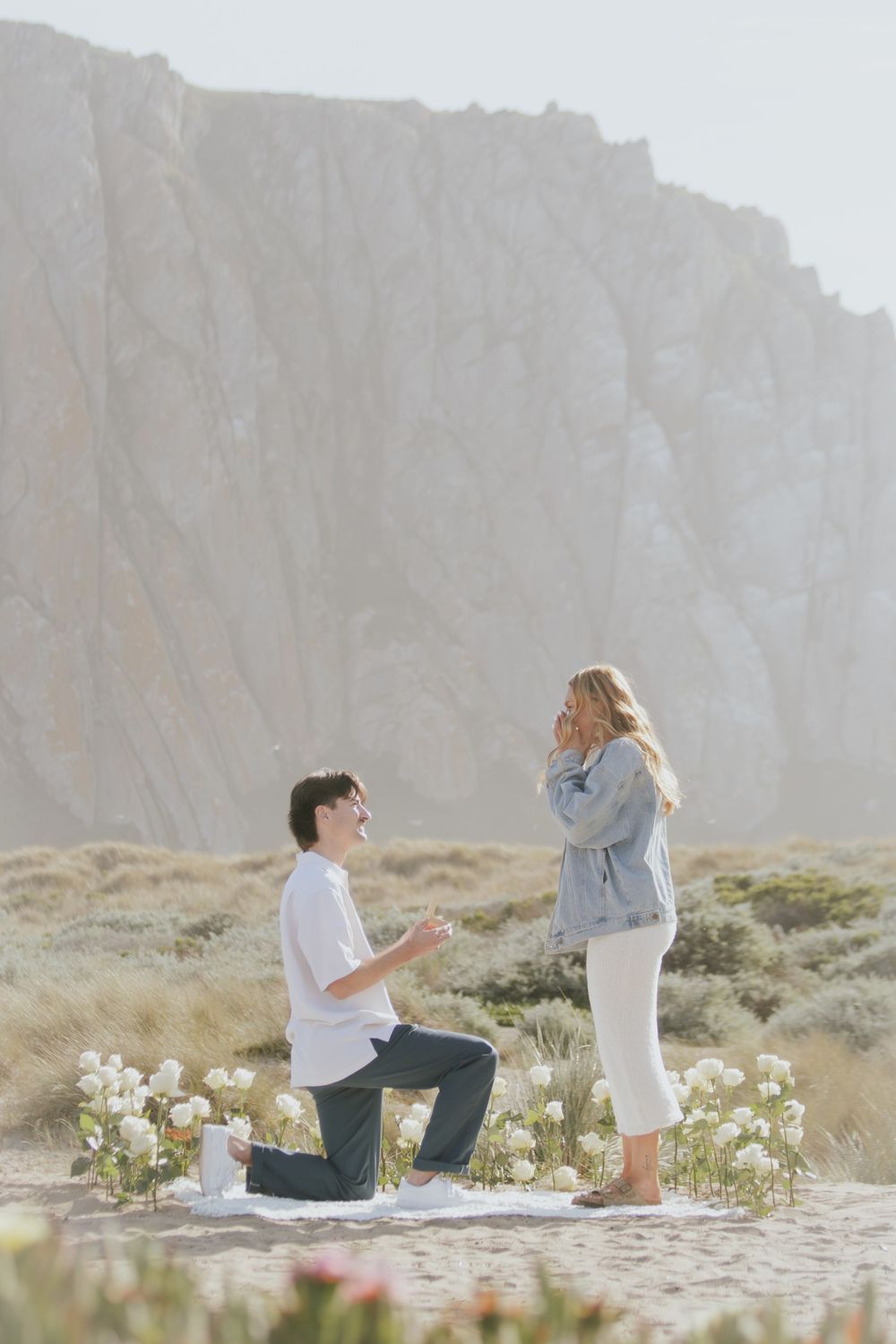 A romantic proposal sequence captured at sunset in a desert landscape with white wildflowers in the foreground.