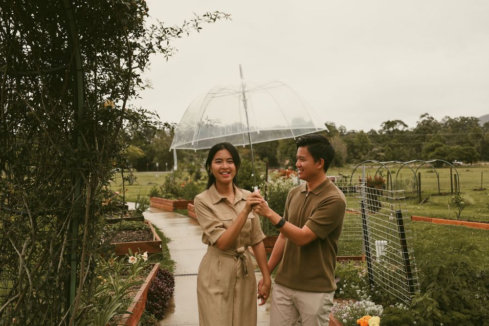 A series of candid outdoor photos showing people enjoying a sunny day in a rural setting with farm buildings visible.