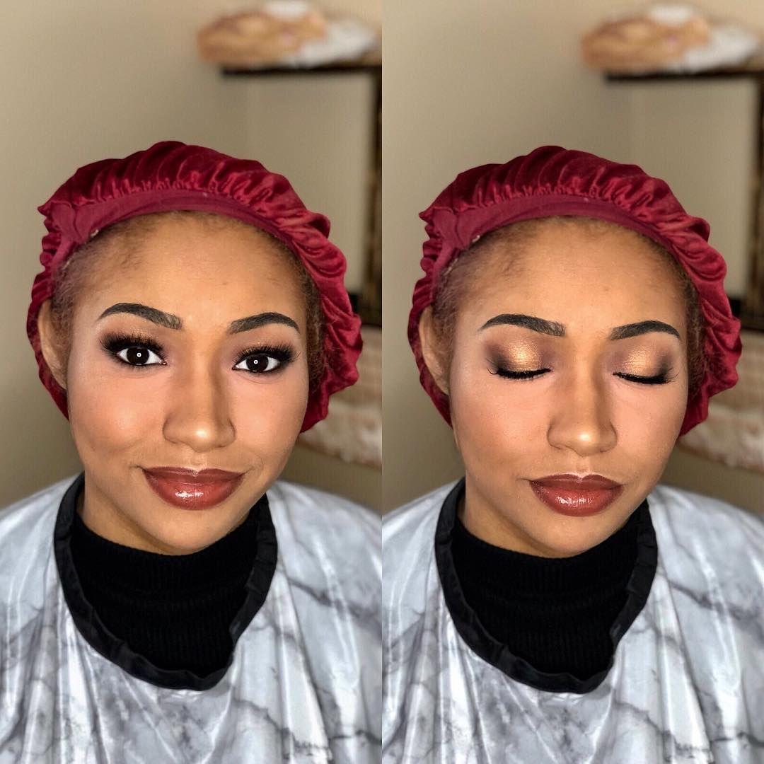 Close-up shots showing glamorous makeup application with pink headwear and black turtleneck.
