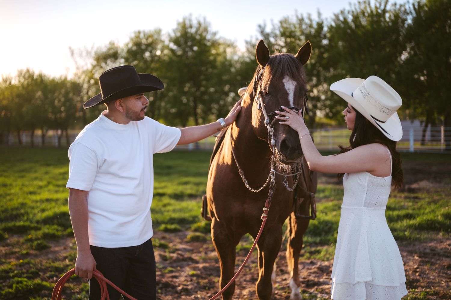 A couple in cowboy hats gently pet a dark brown horse together on a sunny farm at golden hour.