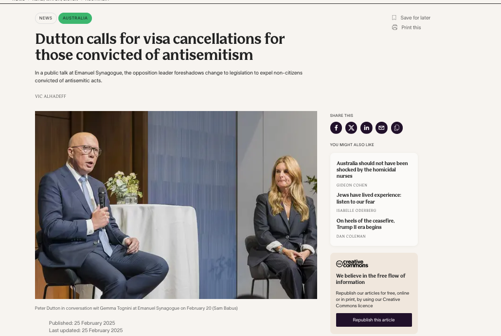 Two people seated on stage during a discussion about visa cancellations for those convicted of antisemitism.