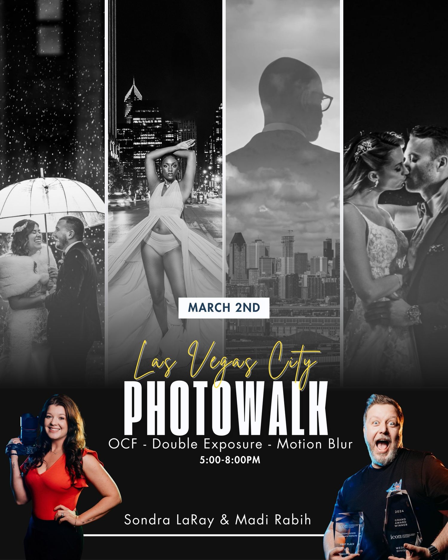 Black and white promotional flyer for MAD Photography & Lighting Workshop in Las Vegas with theme lighting and OCF details.