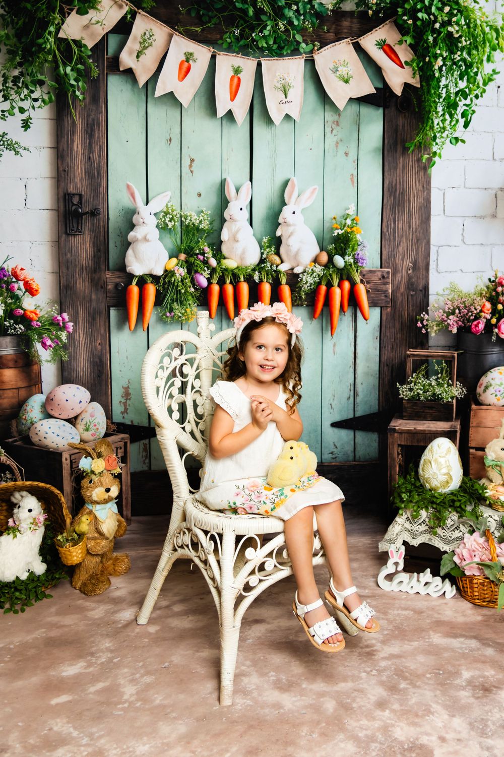 Whimsical Easter decorations with bunnies holding carrots, white rustic door backdrop with bunny banner and spring decor elements.