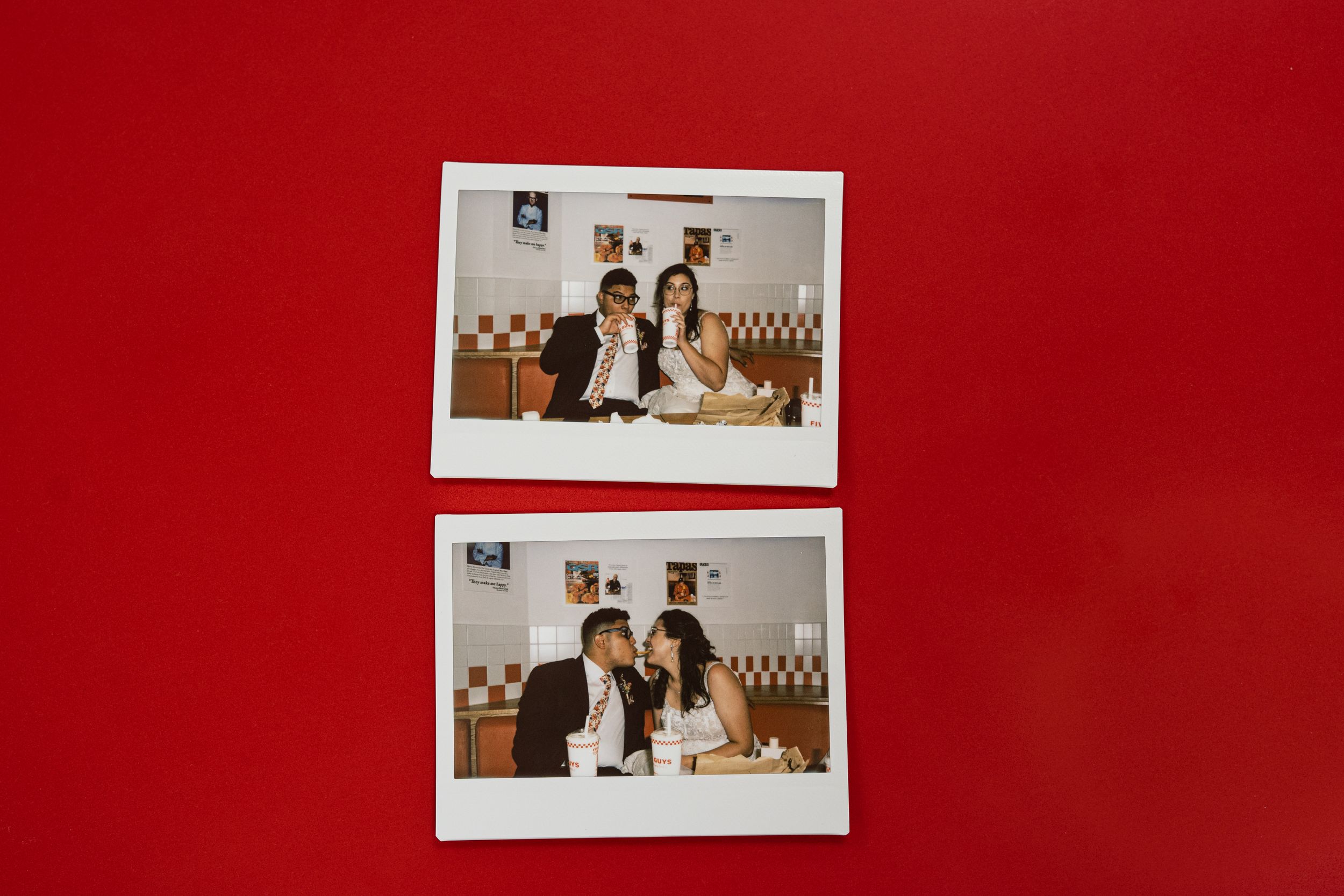 Two polaroid-style photos of a wedding couple at a casual restaurant displayed against a red background.