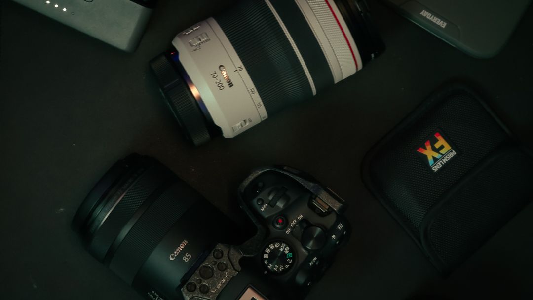 Editorial photography gear — Canon R6 Mark II, Canon R8, and RF lenses used in Miami cinematic portrait photography.