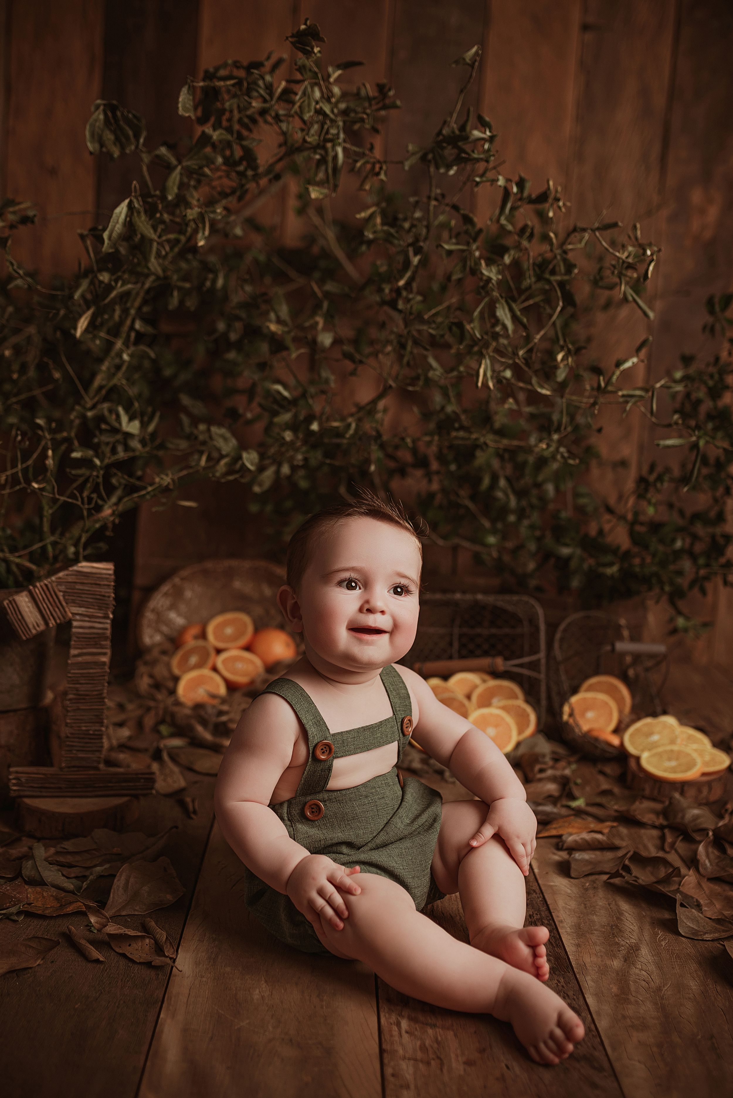 Small child wearing green overalls sits on wooden floor with dried orange citrus slices and greenery in rustic setting.