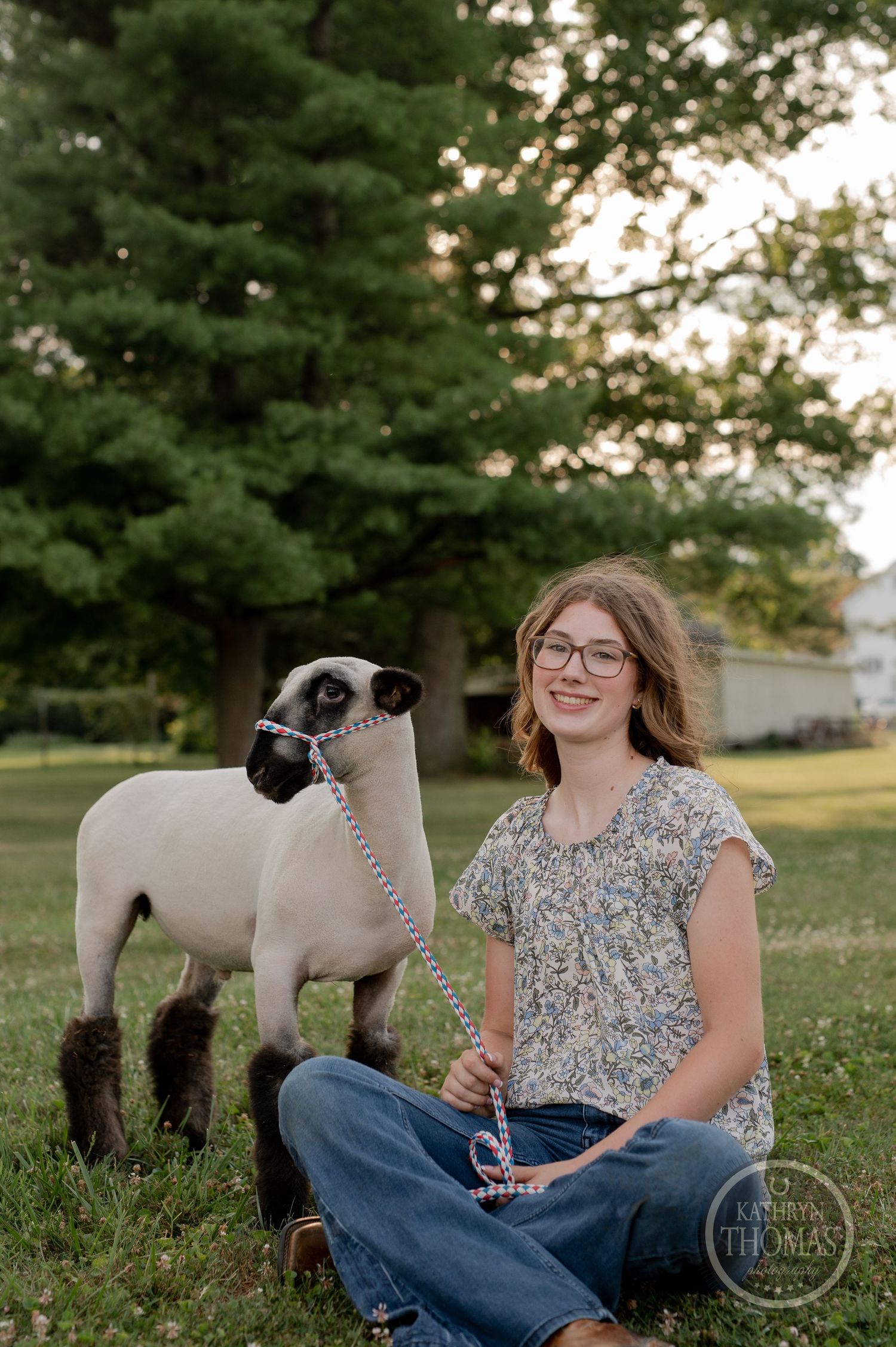 A white lamb with black markings poses next to its handler sitting on grass with pine trees behind.
