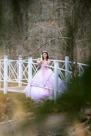 A figure in a pink ballgown stands on a white bridge surrounded by winter trees in a dreamy woodland setting.