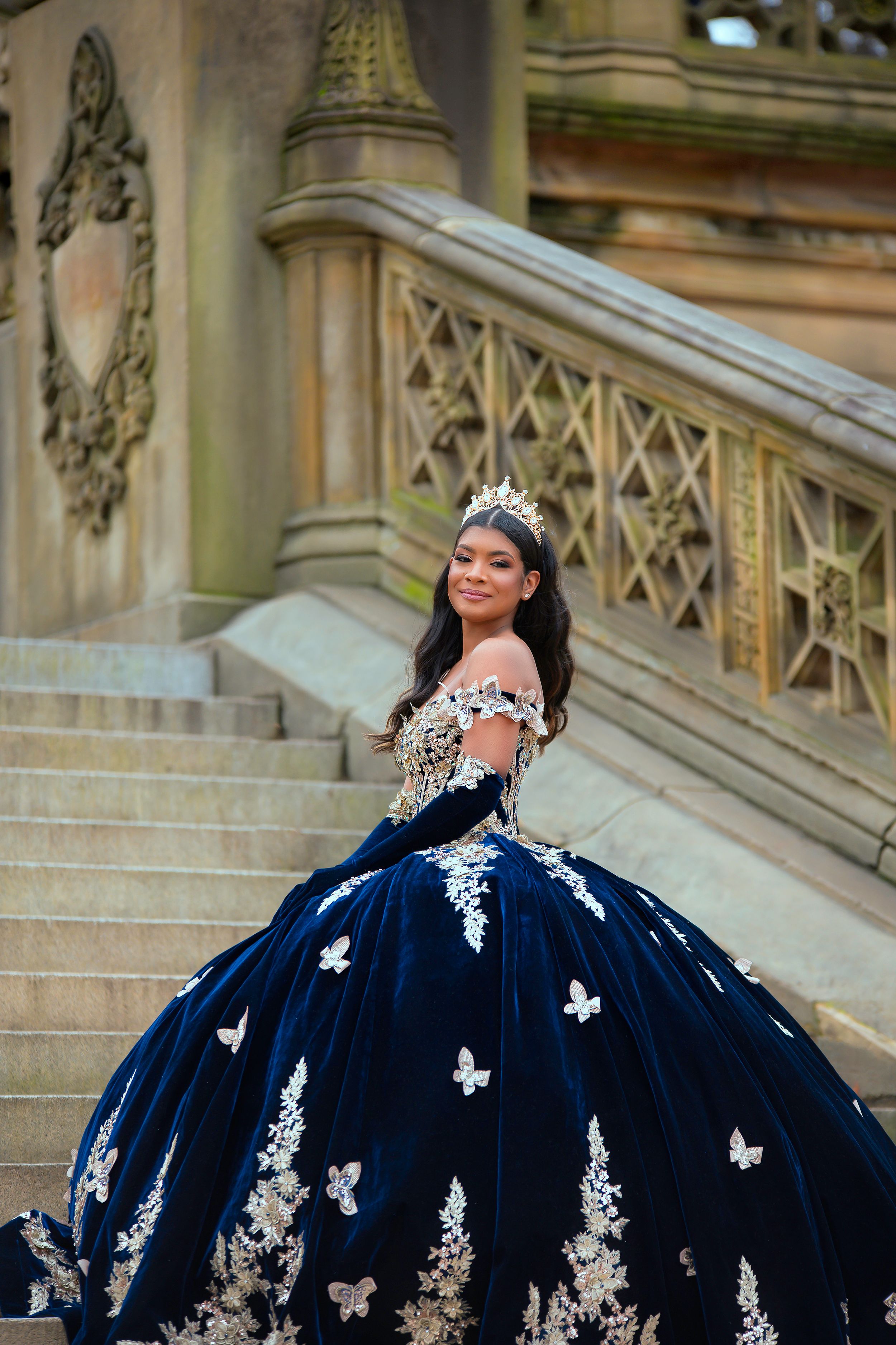 A navy blue ball gown with white lace appliques and butterflies photographed on ornate stone stairs.