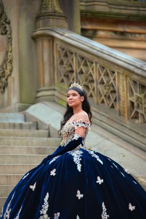 Elegant navy blue ball gown with white lace butterfly details and off-shoulder design photographed on stone steps.