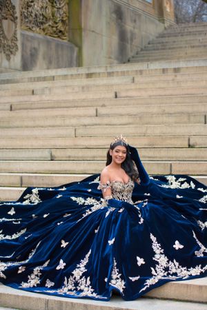 A stunning royal blue ball gown with white butterfly appliques spreads across grand stone steps outdoors.