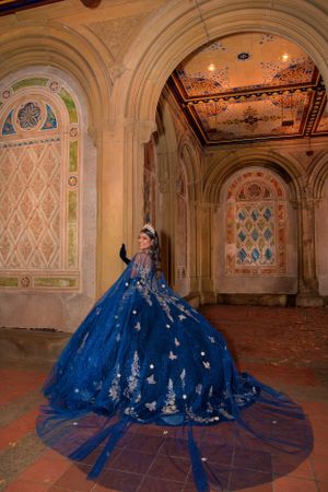 A stunning blue ballgown with silver butterfly embellishments photographed in an ornate architectural passageway.