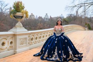 A stunning navy blue and silver quinceañera ball gown photographed on Bow Bridge in Central Park during autumn.