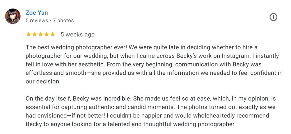 A five-star customer review praising the professionalism of a wedding photographer with detailed positive feedback.