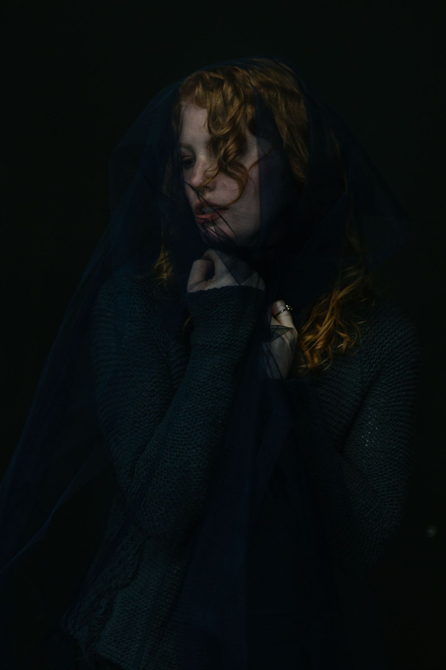 No Name Collective, Macbeth Theatre production promo photography. Dark, low lit moody image of Maggie Hood. Jenny Catlow Photography