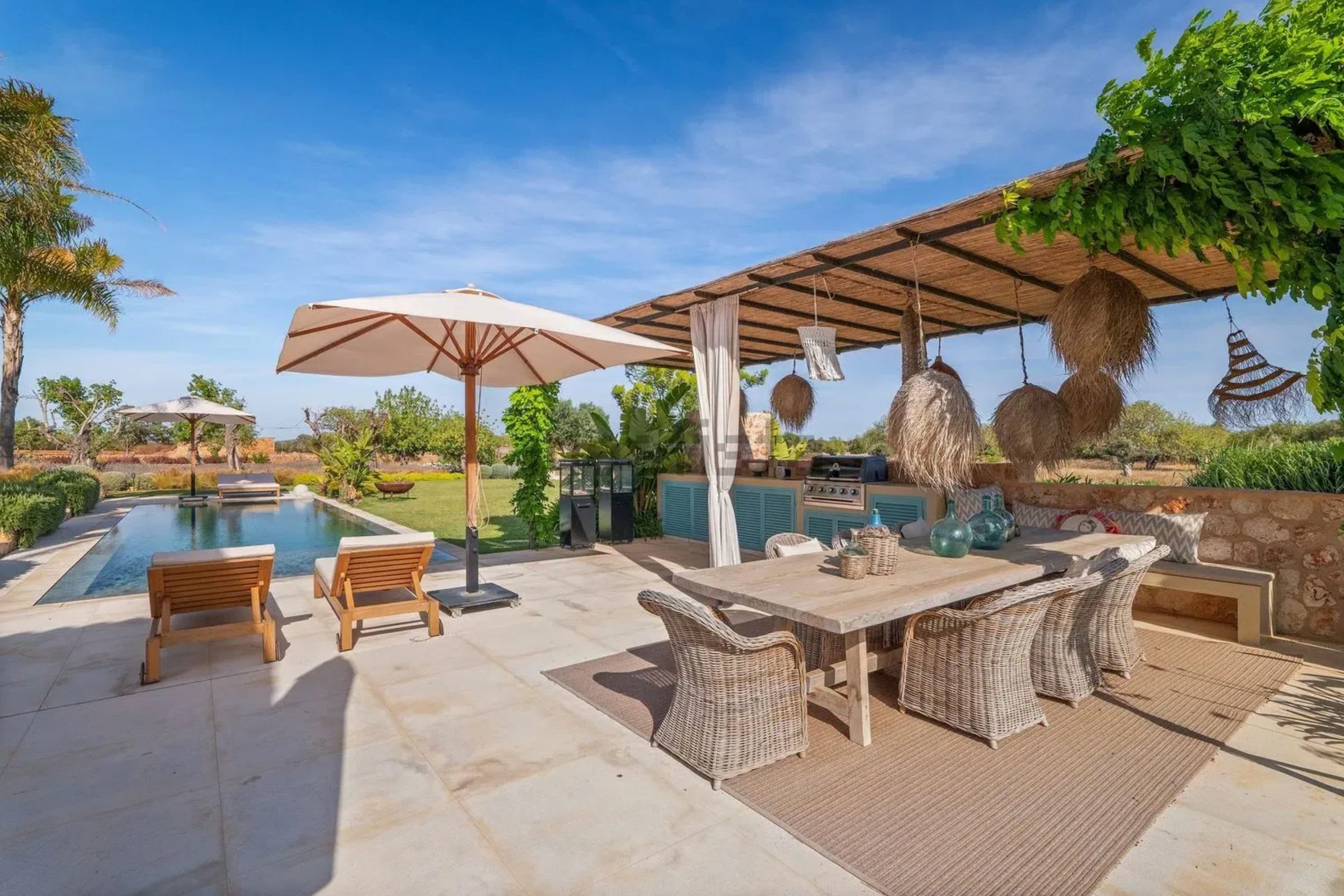 Panoramic collage of luxury beach resort with wicker furniture, palm trees, and ocean views under bright blue skies.