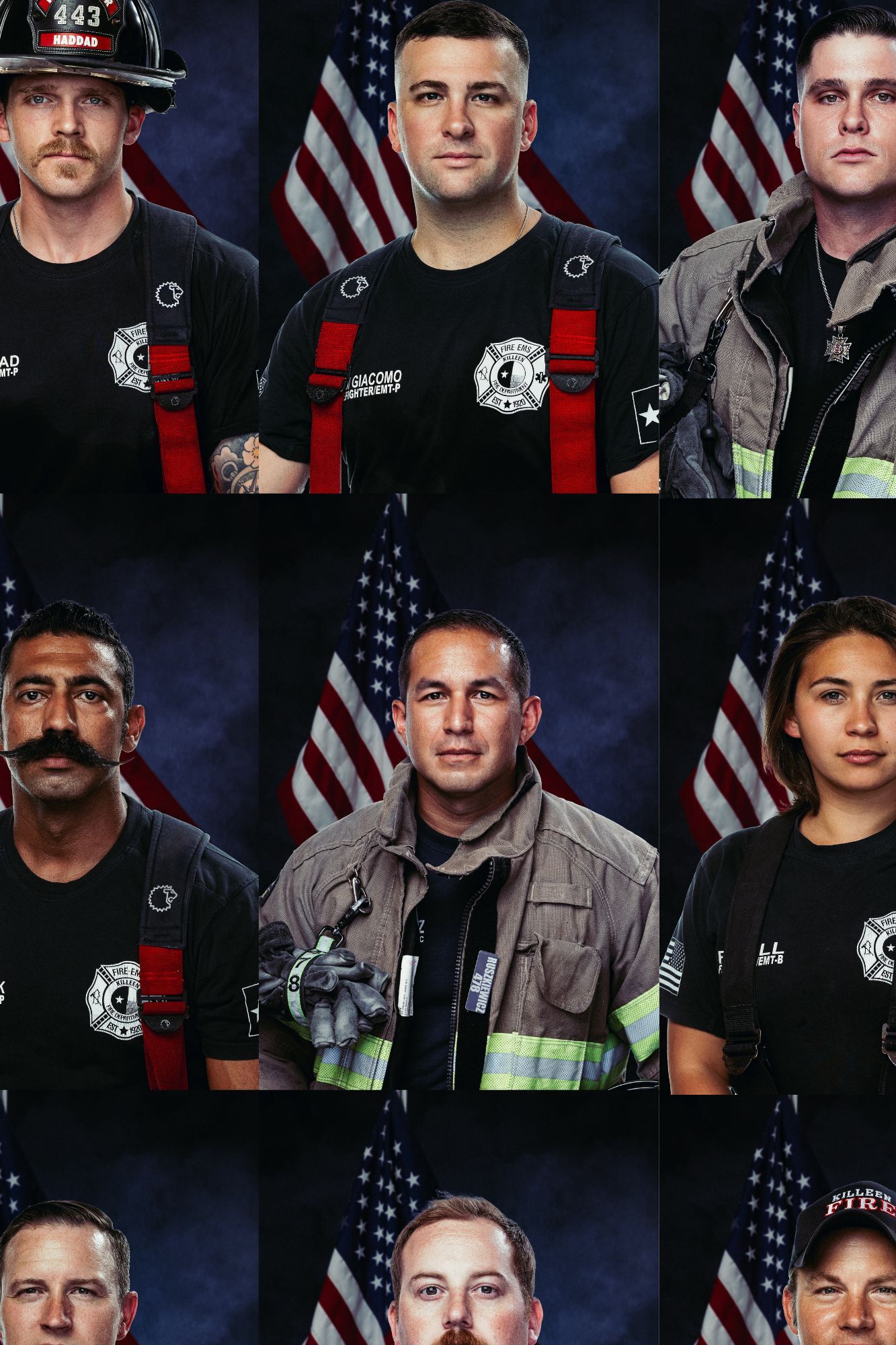 Grid of nine firefighter portraits against American flag backgrounds.
