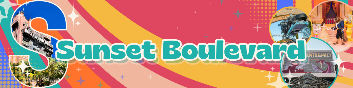 A colorful retro-style header banner for Sunset Boulevard featuring palm trees and gradient rainbow stripes on pink.