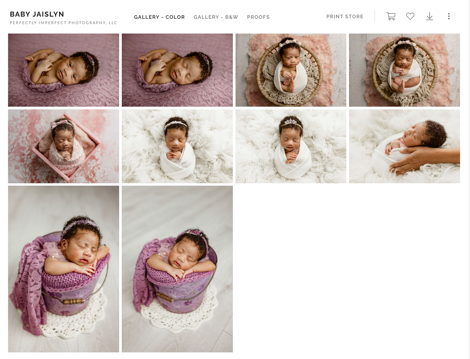 A series of newborn photography portraits featuring soft textures, blankets, and baskets in pink and purple tones.