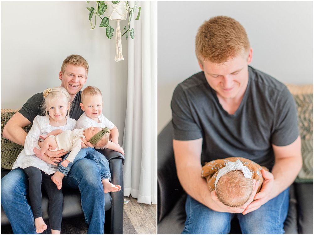 Split image of tender family moments in a modern, minimalist setting.