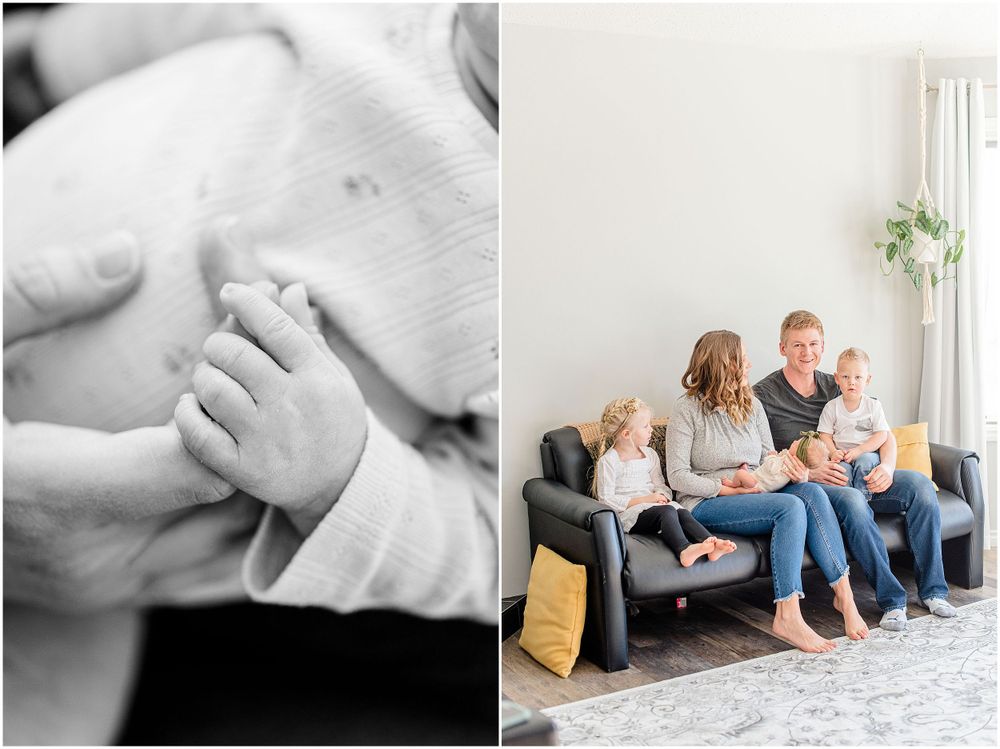 Split image showing tiny baby hand and family portrait on couch in bright room.
