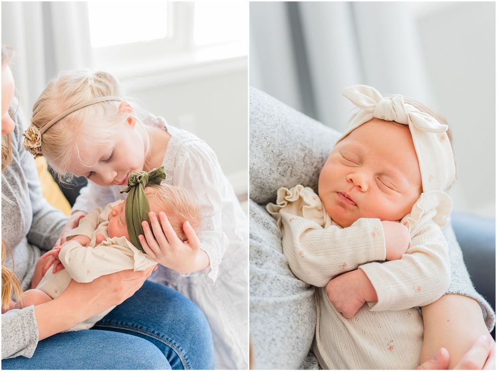 Split image showing gentle moments with sleeping newborn in cream-colored outfit.