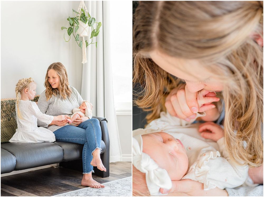 Sweet lifestyle photos of parent and child bonding on a gray couch near a window.