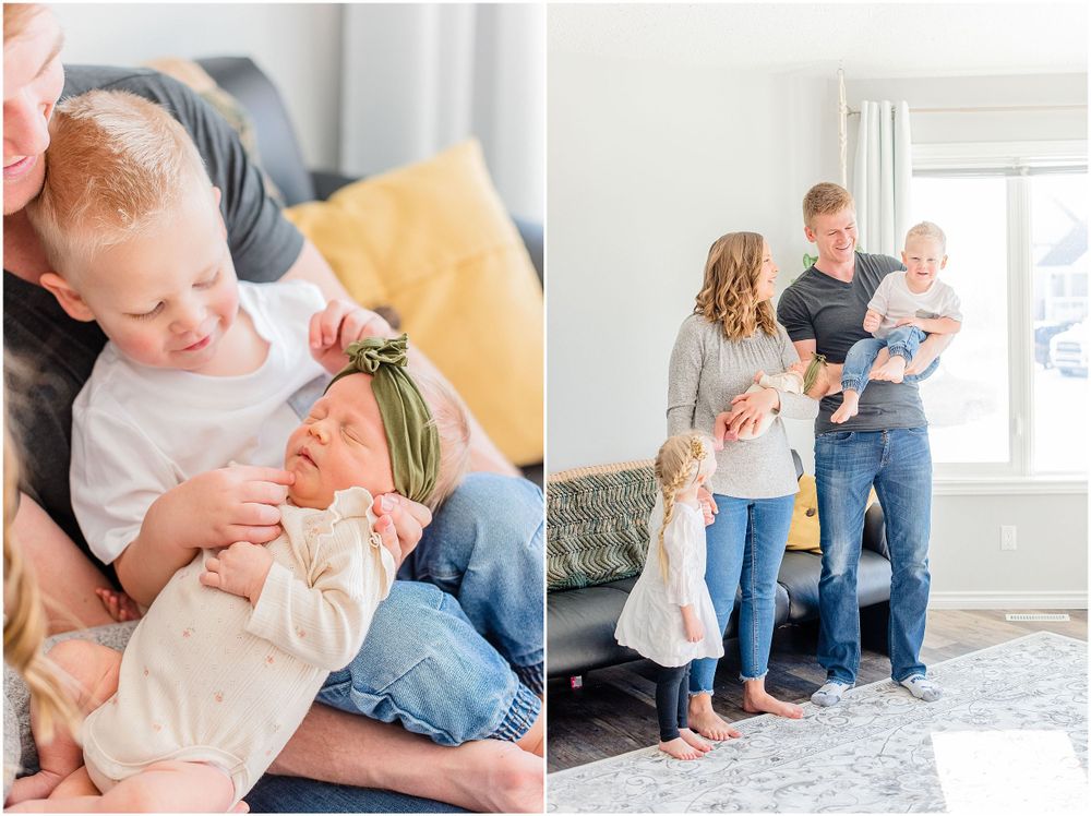 Split image showing tender family moments in a bright, minimalist home setting.