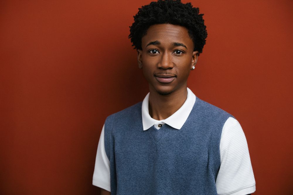 Professional studio actor headshot of a Black male actor photographed against a solid red backdrop with cinematic lighting