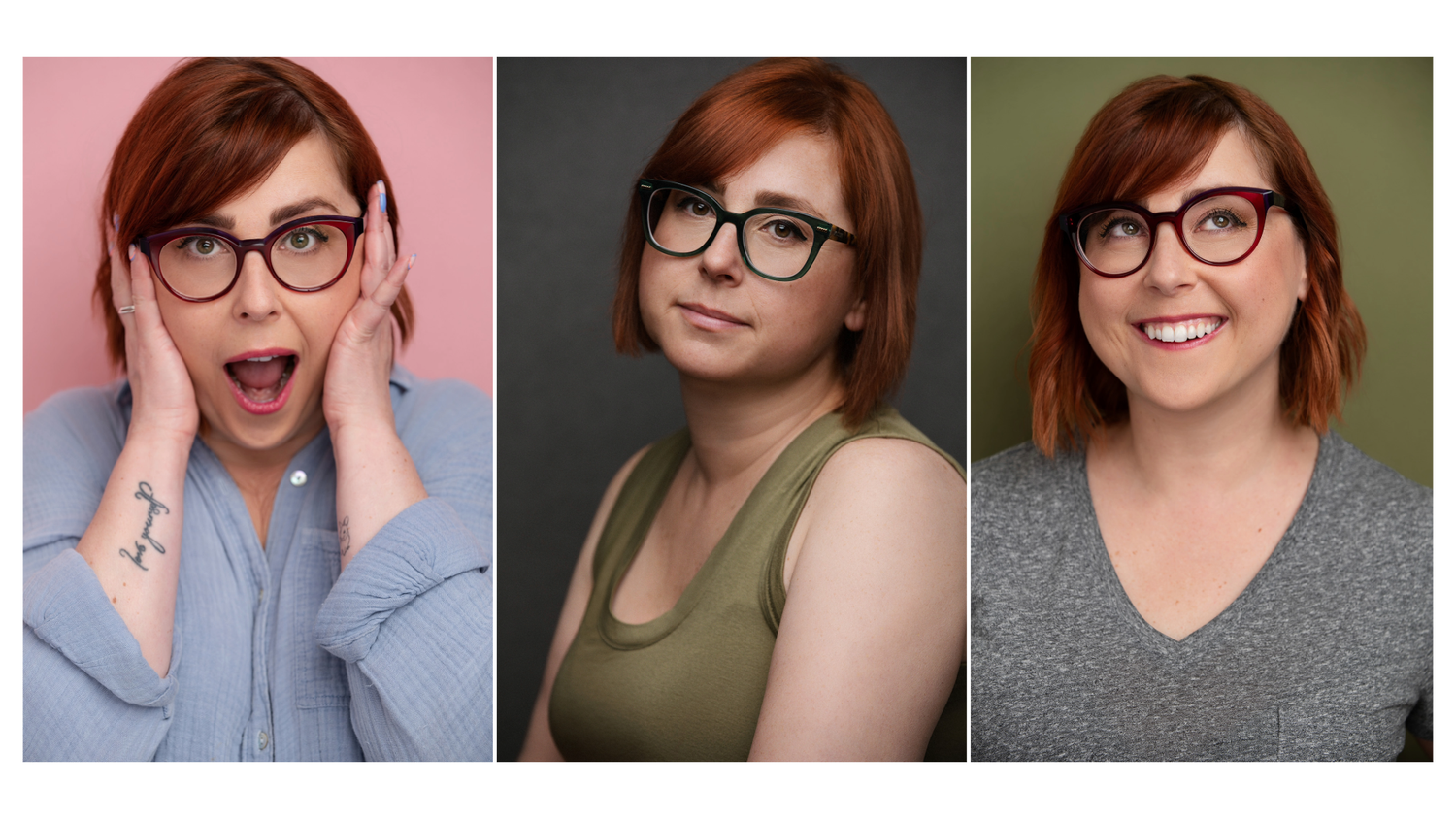 A series of portrait photos showing someone wearing glasses in different poses and expressions against various backgrounds.