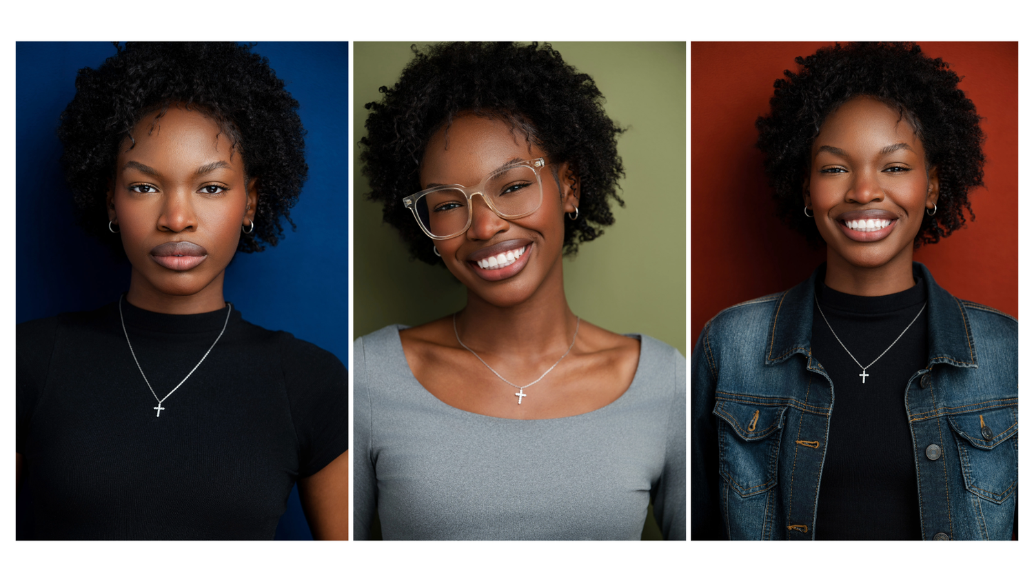 Professional portrait series shows confident person in natural lighting with varying expressions and poses against neutral backgrounds.