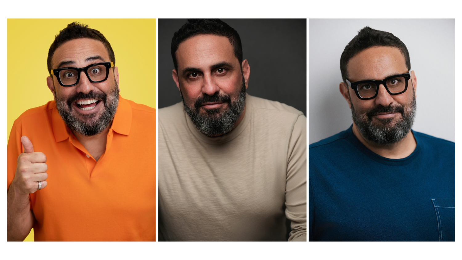 Headshots of a bearded man in three poses wearing glasses and different colored shirts against varied backgrounds.