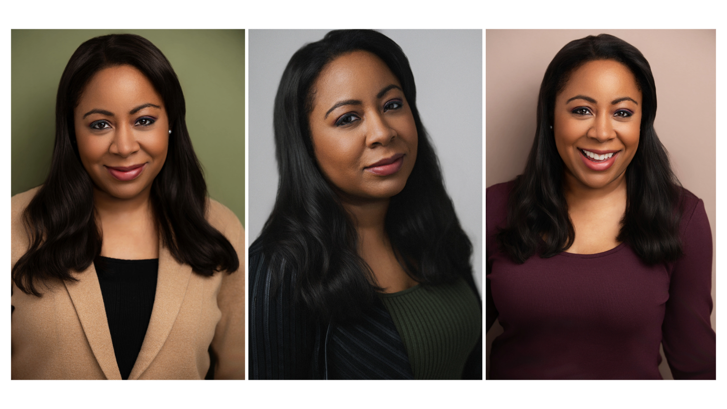 Professional portrait headshots in warm tones showing confidence and approachability across multiple poses.