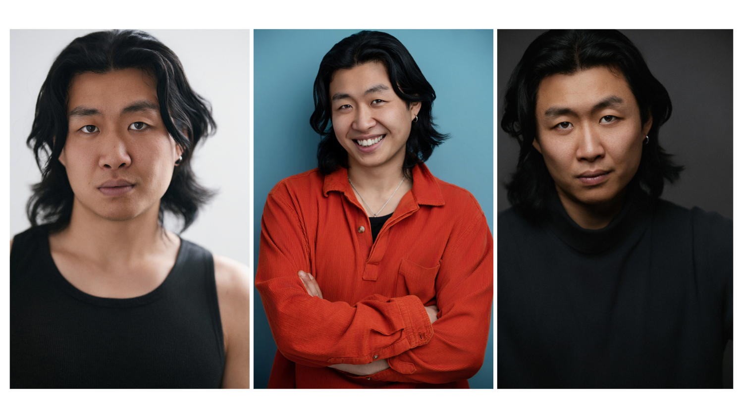 Three portrait headshots showing different expressions and styles against contrasting color backgrounds.