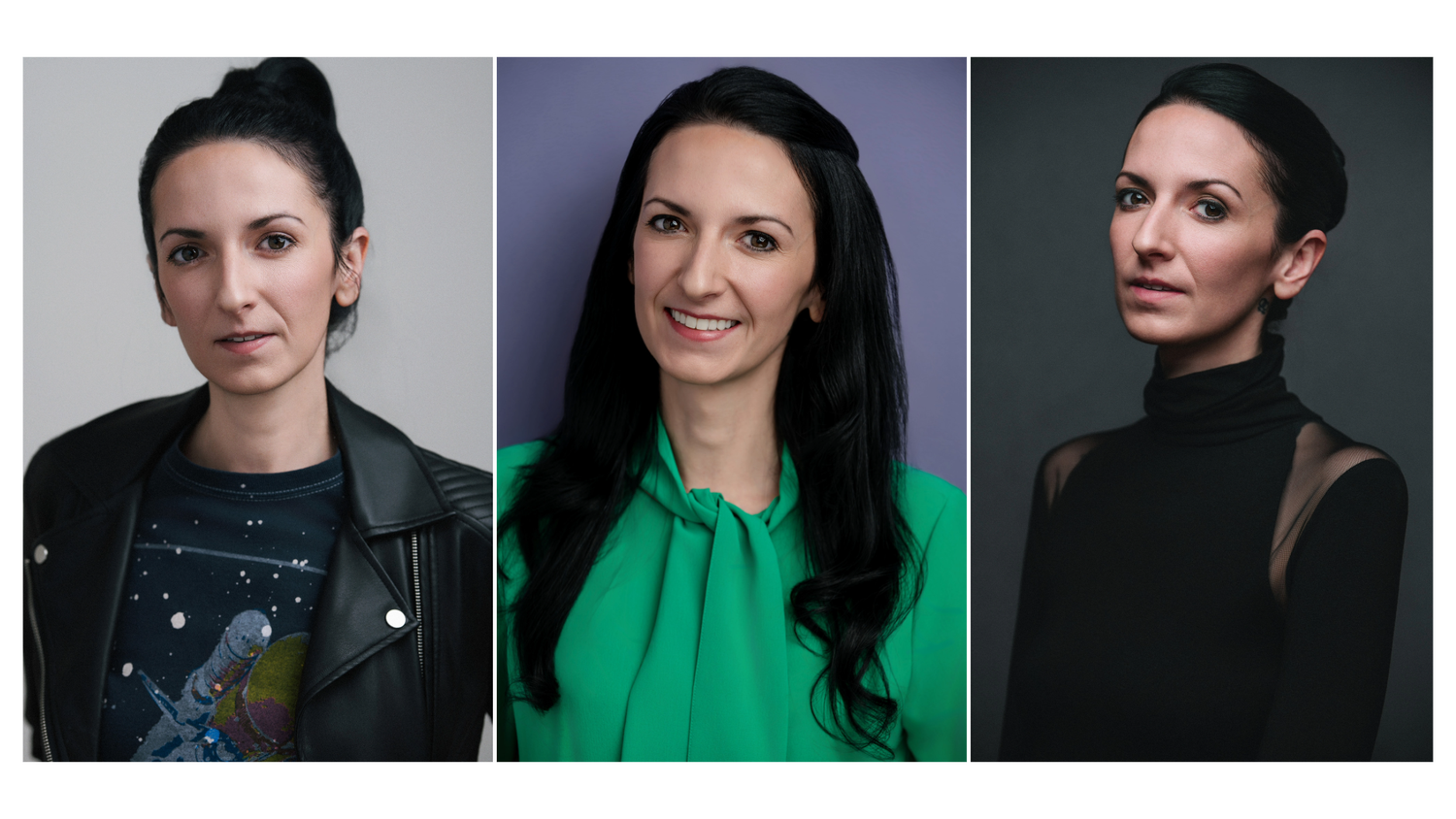 Professional studio portraits show a person in three poses wearing different outfits against neutral backgrounds.