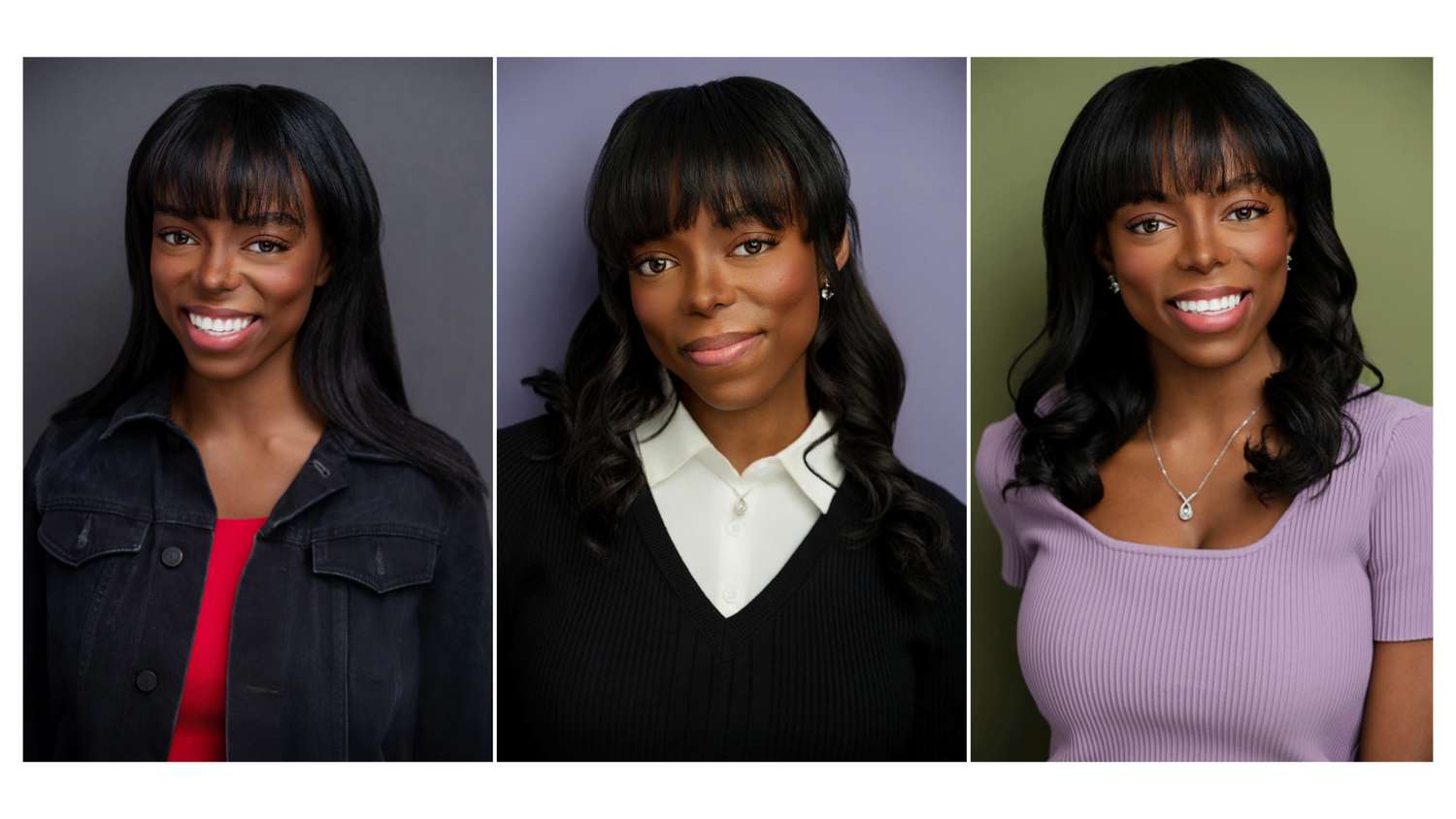 Three professional headshots of a woman with long dark hair wearing different colored tops in front of a neutral backdrop.