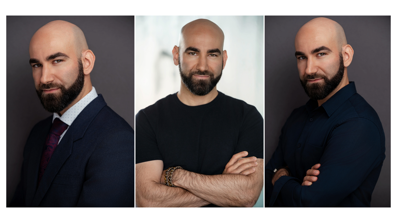 Professional portrait series showing three studio shots of a bearded man in different outfits and poses against neutral backgrounds.