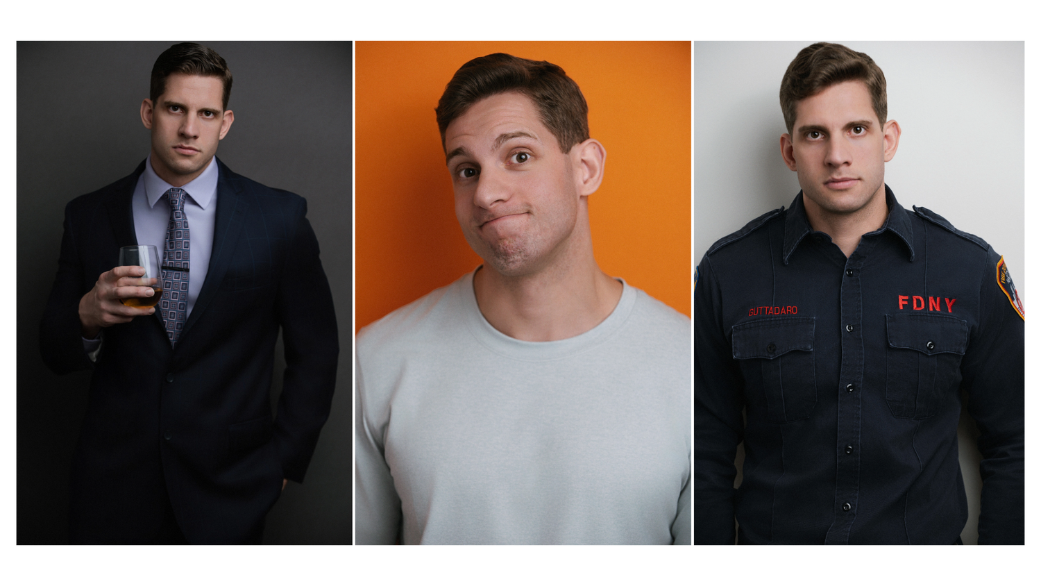 Professional headshot portraits in alternating orange and dark backgrounds showing business person in different poses.