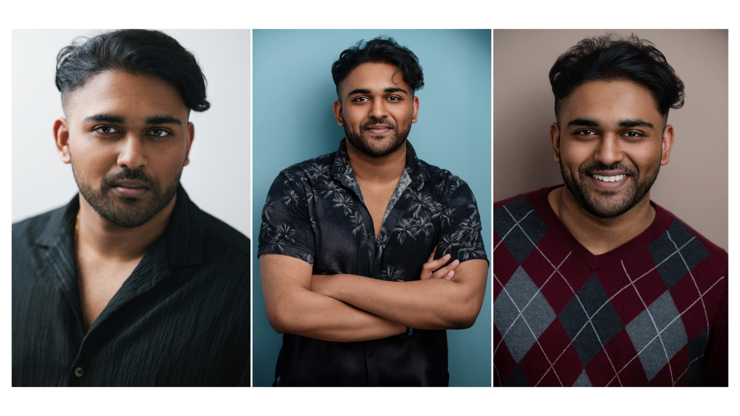 Three professional portraits showing a person in a black shirt, patterned button-down, and argyle sweater against different backgrounds.