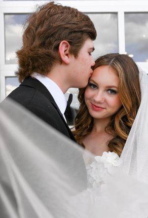 A romantic wedding moment captured through a delicate white veil.