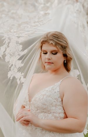 A bride wearing a delicate lace wedding dress and veil poses for a romantic portrait.