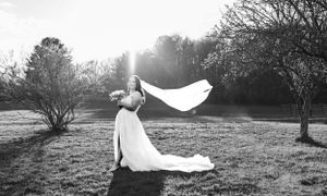 A wedding dress flowing dramatically in black and white against a misty outdoor backdrop.