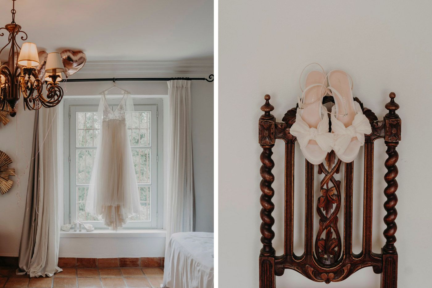 White wedding dress hanging in sunlit window next to ornate carved wooden bedpost in vintage-style bedroom.